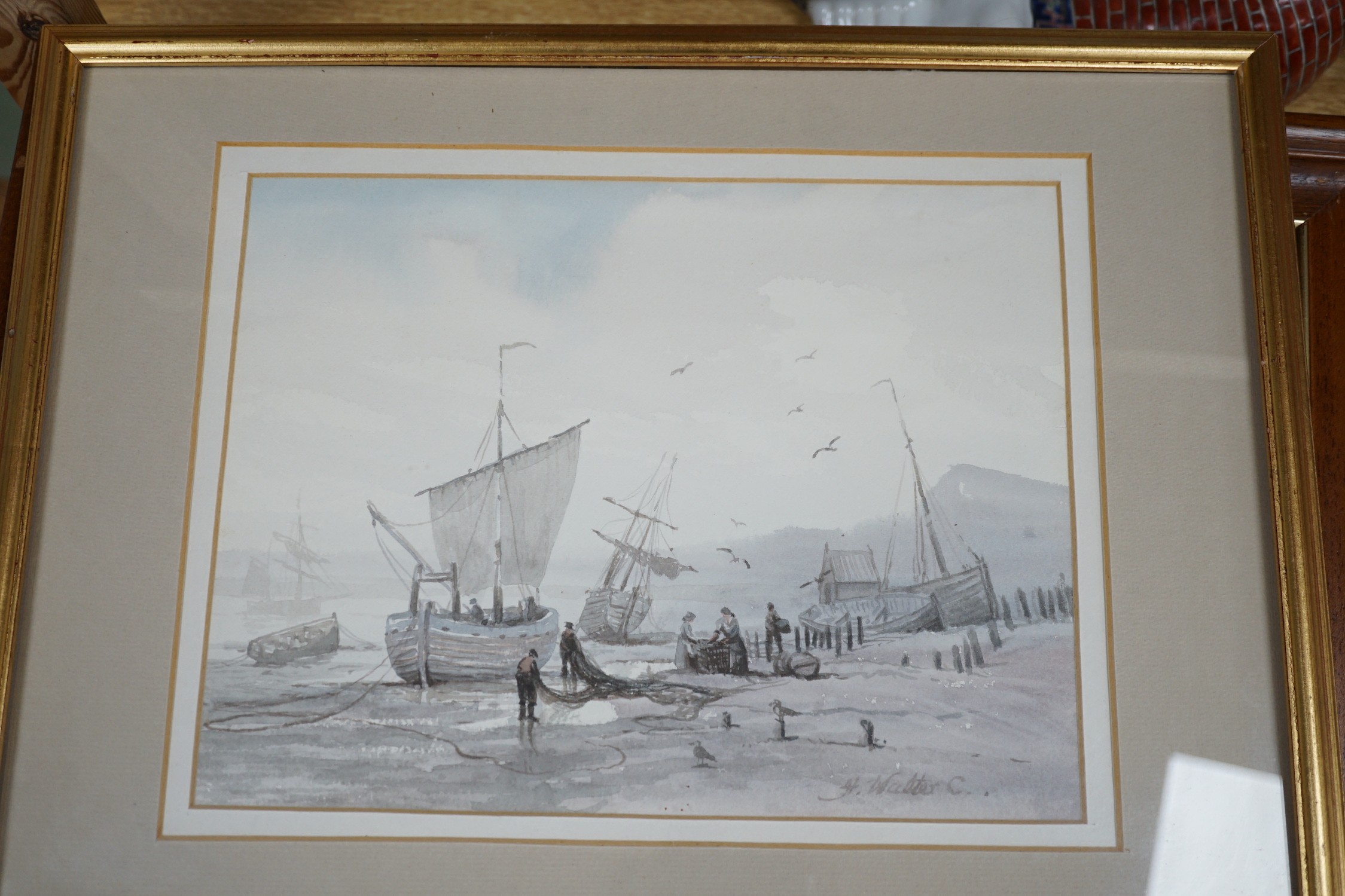 F. Walters, oil on canvas, Seascape, signed, 20 x 40cm, a watercolour of fisherfolk on the shore by H. Walter, 21 x 27cm, an Italian lake scene and an aquatint beach scene